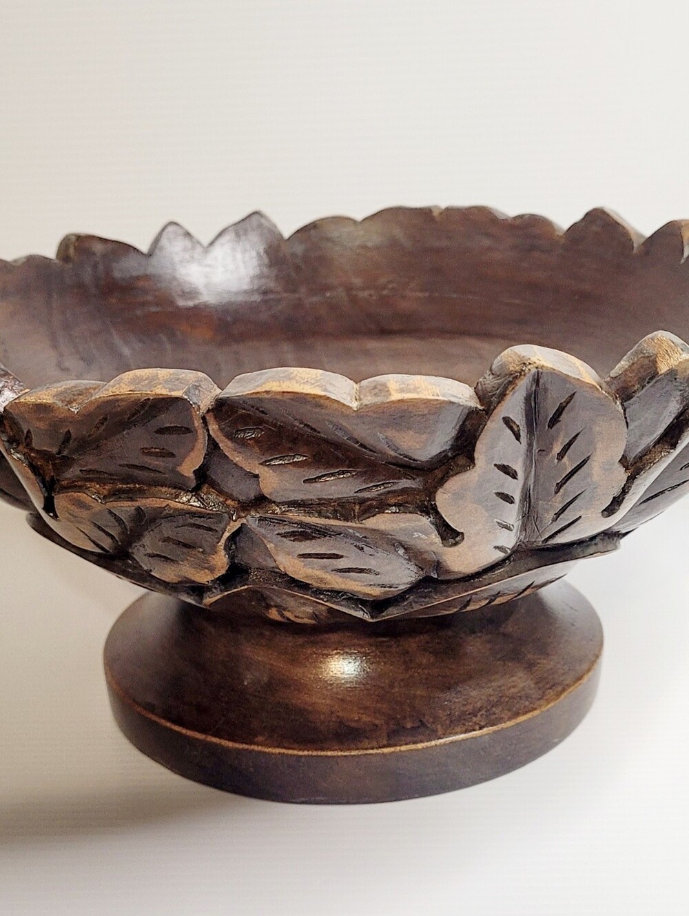 Hand Carved Wooden Leaf Bowl Pedestal Bowl Rustic Decor 11.5”